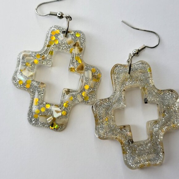 Sparkly White and Clear Earrings Geometric Shape Earrings Cross Shape Earrings - Picture 2 of 6